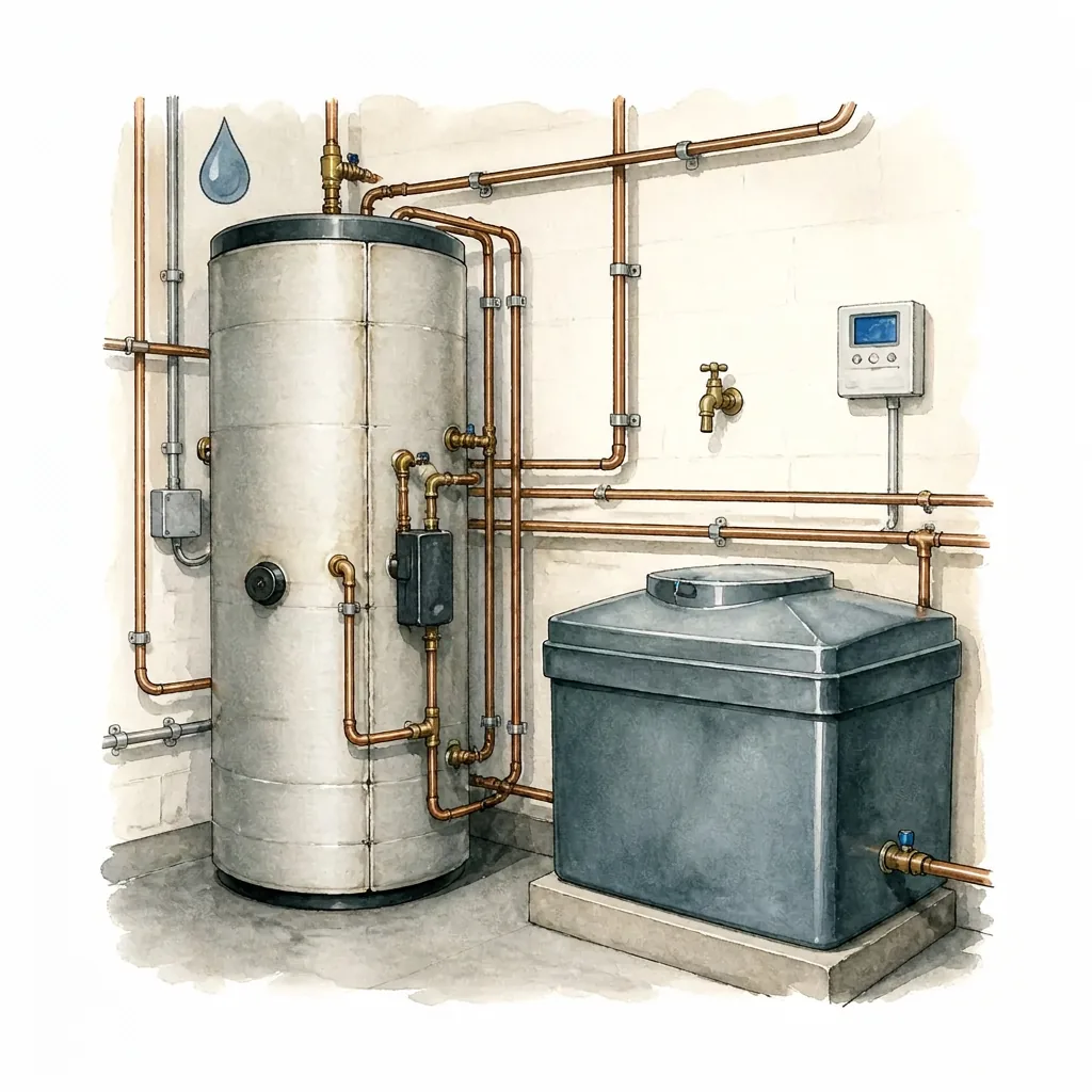 Watercolour illustration of a water plant room with cylinder, pipework and monitoring panel